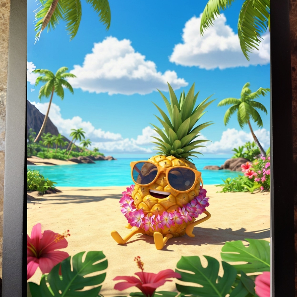 Pineapple Character Beach A.I. Art Print In A Glass Front Frame 8x10